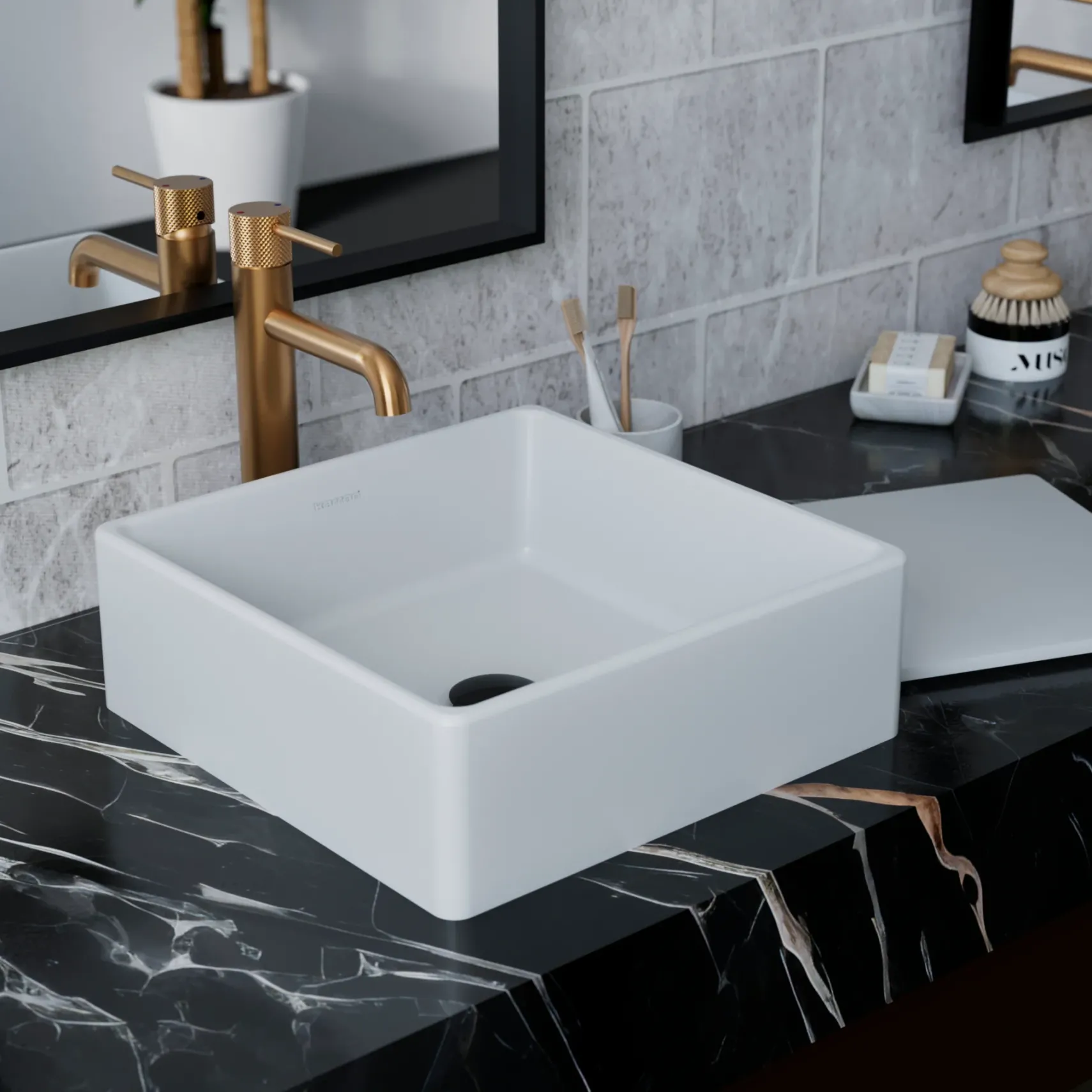 Karran Quattro 14.5" x 14.5" Square Vessel Acrylic Solid Surface ADA Bathroom Sink, White, QM175WH