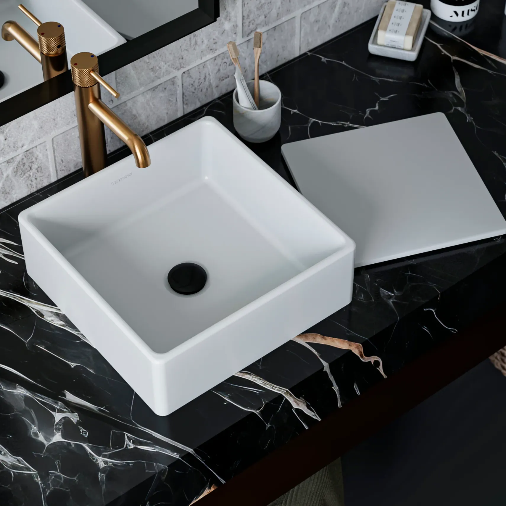 Karran Quattro 14.5" x 14.5" Square Vessel Acrylic Solid Surface ADA Bathroom Sink, White, QM175WH