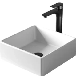 Karran Quattro 14.5" x 14.5" Square Vessel Acrylic Solid Surface ADA Bathroom Sink with Matte Black Faucet and Accessories, White, QM174WH422MB