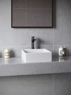 Karran Quattro 14.5" x 14.5" Square Vessel Acrylic Solid Surface ADA Bathroom Sink with Matte Black Faucet and Accessories, White, QM174WH422MB