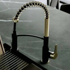Karran Scottsdale 1.8 GPM Single Lever Handle Lead-free Brass ADA Kitchen Faucet, Pull-Down, Matte Black & Spot-Free Brushed Gold, KKF210MBSFBG