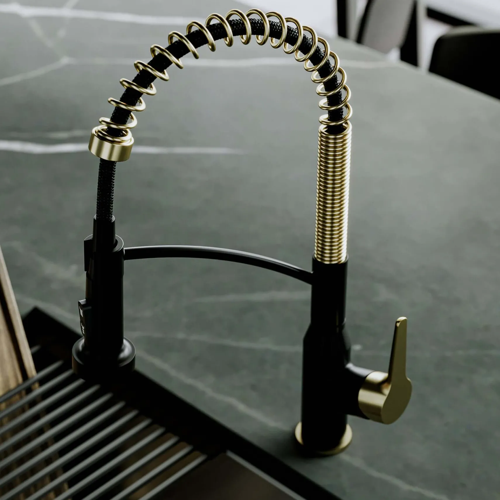 Karran Scottsdale 1.8 GPM Single Lever Handle Lead-free Brass ADA Kitchen Faucet, Pull-Down, Matte Black & Spot-Free Brushed Gold, KKF210MBSFBG