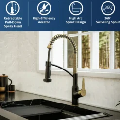 Karran Scottsdale 1.8 GPM Single Lever Handle Lead-free Brass ADA Kitchen Faucet, Pull-Down, Matte Black & Brushed Gold, KKF210MBBG