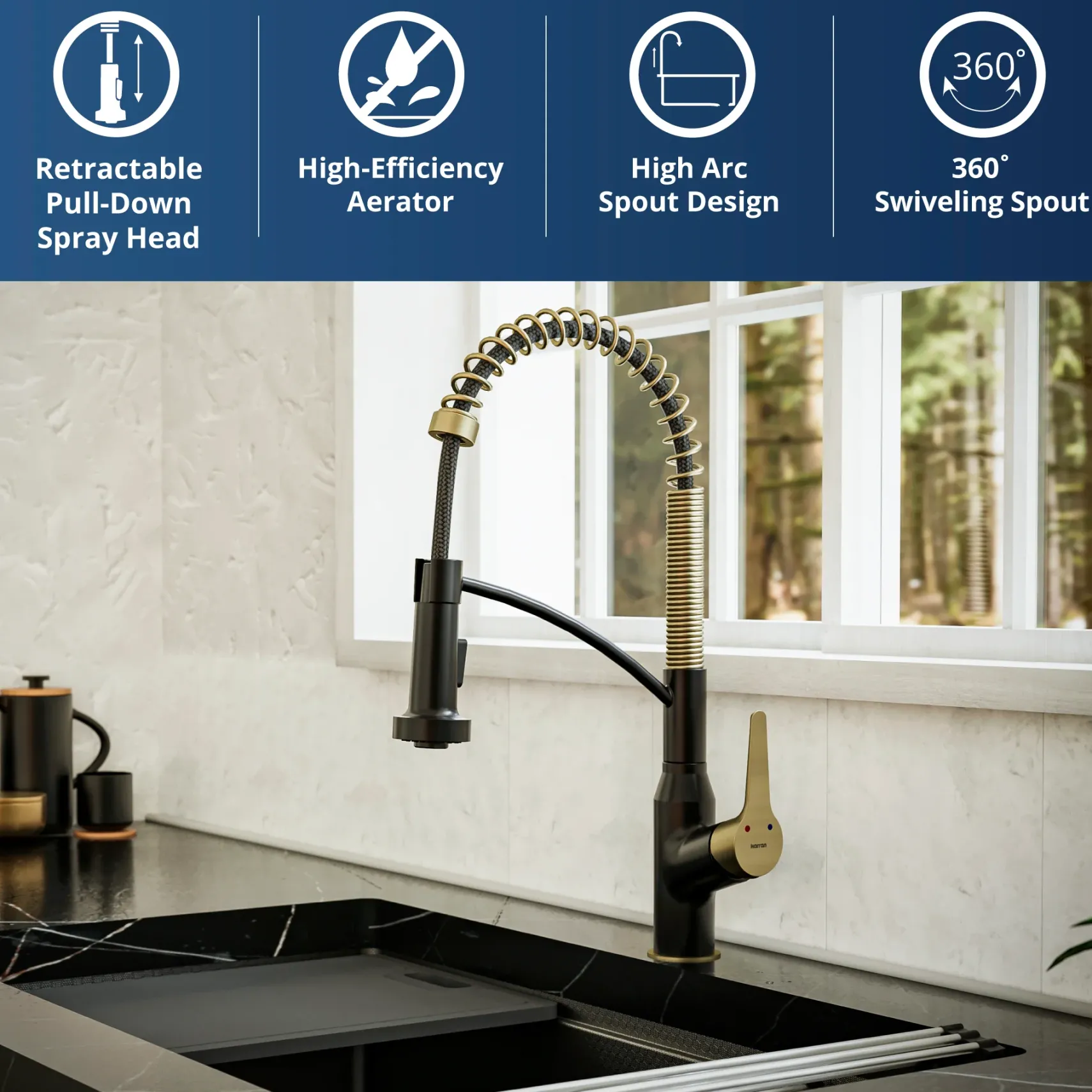 Karran Scottsdale 1.8 GPM Single Lever Handle Lead-free Brass ADA Kitchen Faucet, Pull-Down, Matte Black & Brushed Gold, KKF210MBBG