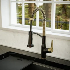 Karran Scottsdale 1.8 GPM Single Lever Handle Lead-free Brass ADA Kitchen Faucet, Pull-Down, Matte Black & Brushed Gold, KKF210MBBG