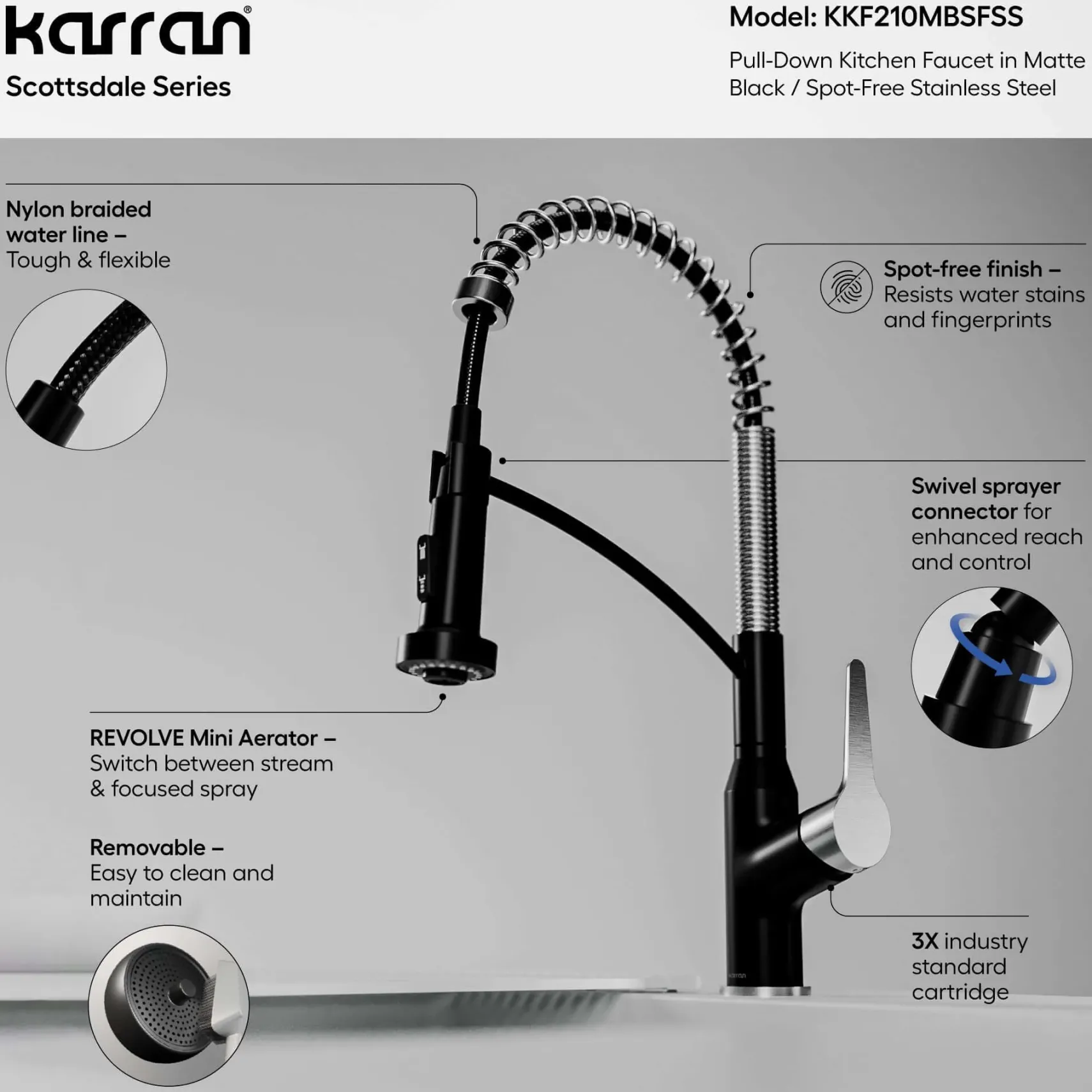 Karran Scottsdale 1.8 GPM Single Lever Handle Lead-free Brass ADA Kitchen Faucet, Pull-Down, Matte Black & Spot-Free Stainless Steel, KKF210MBSFSS