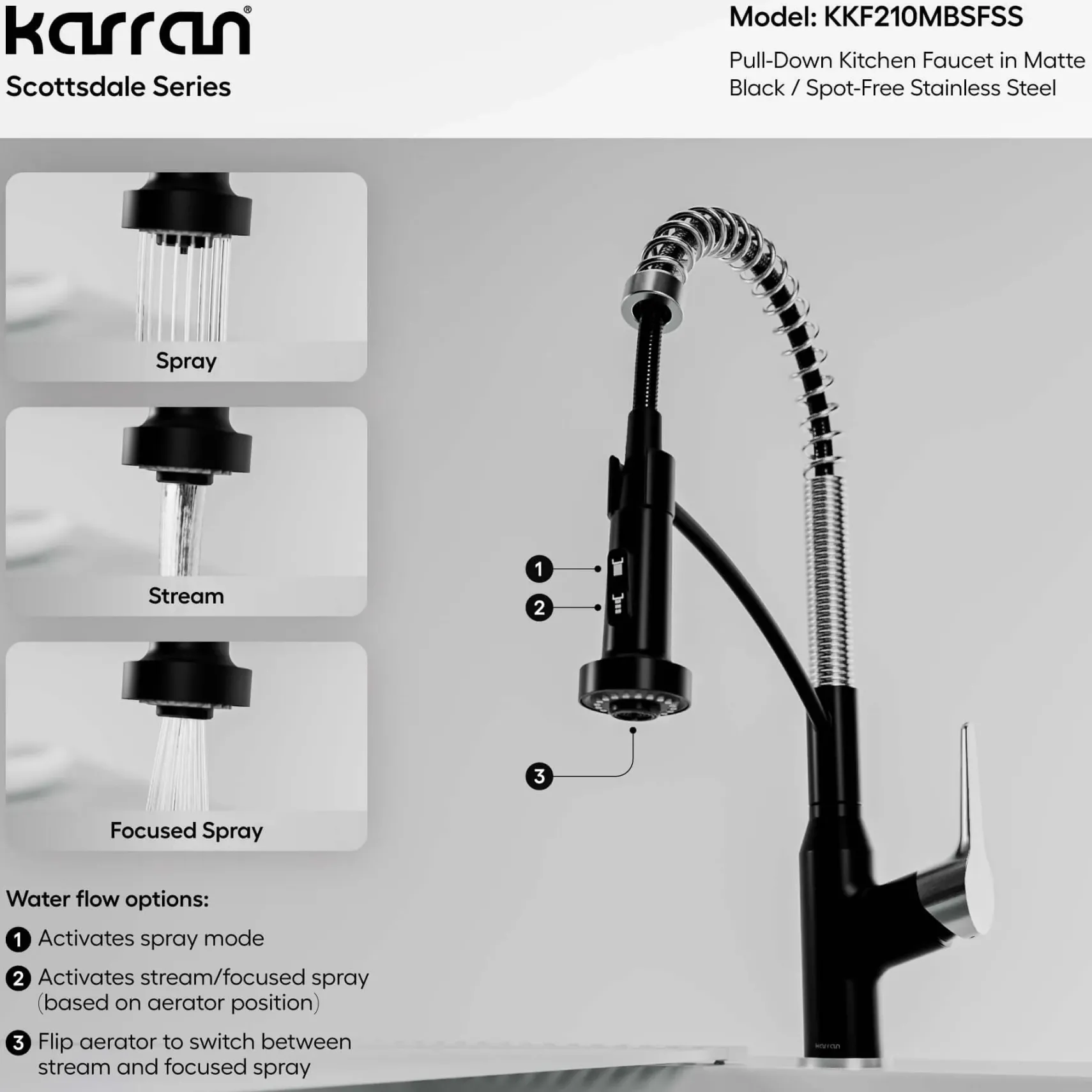 Karran Scottsdale 1.8 GPM Single Lever Handle Lead-free Brass ADA Kitchen Faucet, Pull-Down, Matte Black & Spot-Free Stainless Steel, KKF210MBSFSS
