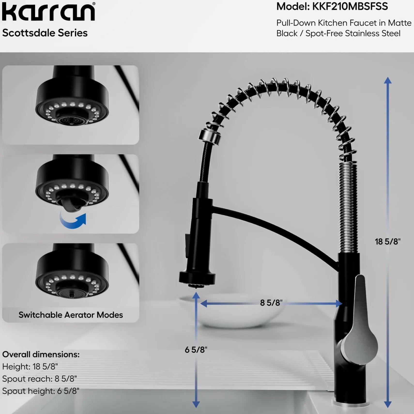 Karran Scottsdale 1.8 GPM Single Lever Handle Lead-free Brass ADA Kitchen Faucet, Pull-Down, Matte Black & Spot-Free Stainless Steel, KKF210MBSFSS