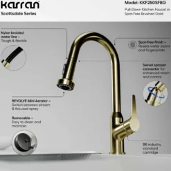 Karran Scottsdale 1.8 GPM Single Lever Handle Lead-free Brass ADA Kitchen Faucet, Pull-Down, Spot-Free Brushed Gold, KKF250SFBG