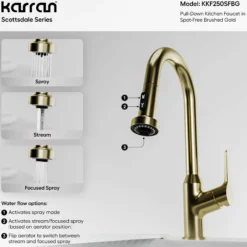 Karran Scottsdale 1.8 GPM Single Lever Handle Lead-free Brass ADA Kitchen Faucet, Pull-Down, Spot-Free Brushed Gold, KKF250SFBG