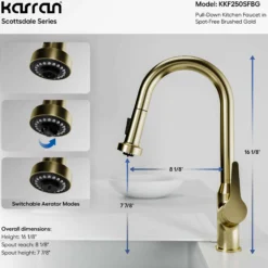 Karran Scottsdale 1.8 GPM Single Lever Handle Lead-free Brass ADA Kitchen Faucet, Pull-Down, Spot-Free Brushed Gold, KKF250SFBG