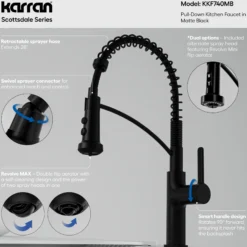 Karran Scottsdale 1.8 GPM Single Lever Lead-free Brass ADA Kitchen Faucet, Pull-Down, Matte Black, KKF740MB
