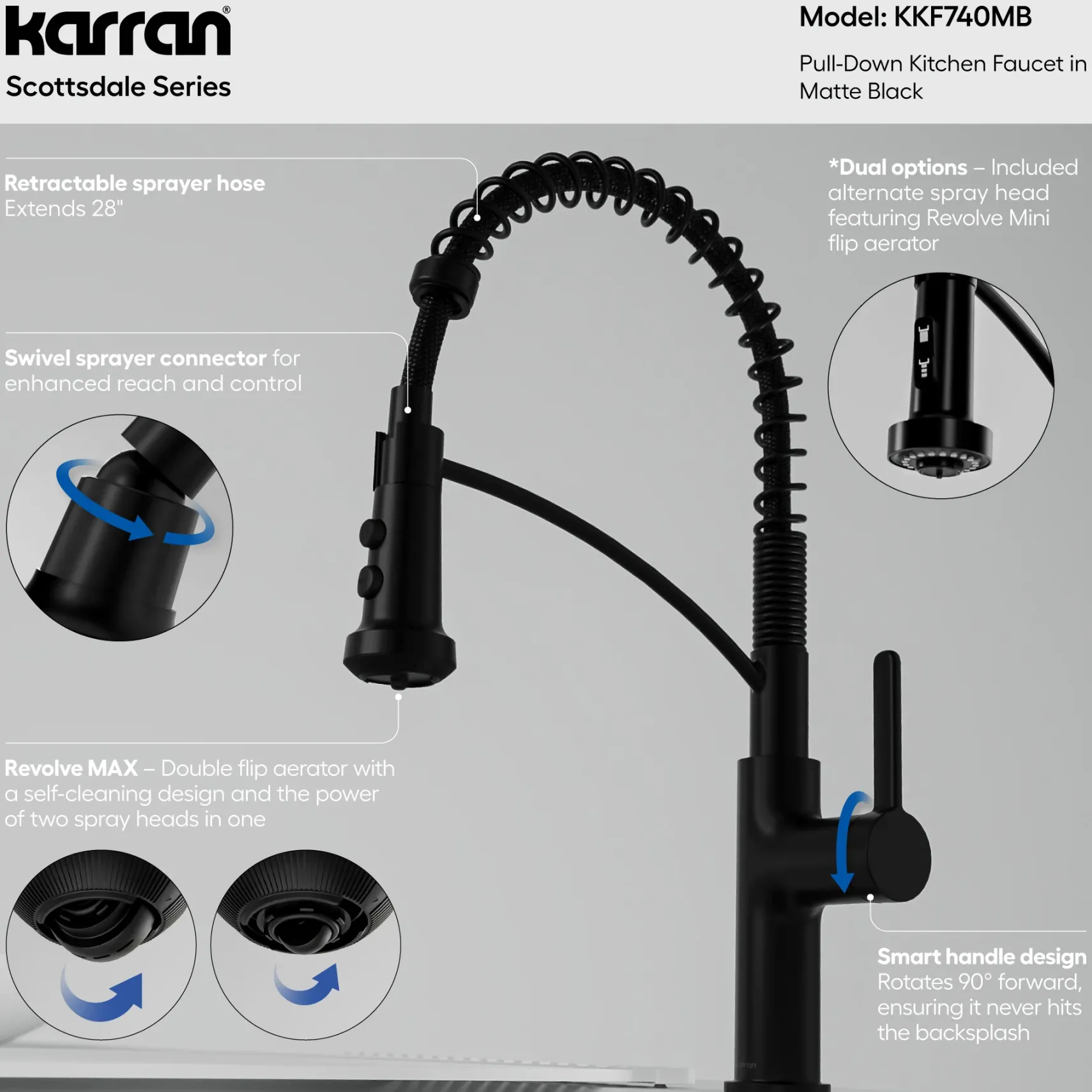 Karran Scottsdale 1.8 GPM Single Lever Lead-free Brass ADA Kitchen Faucet, Pull-Down, Matte Black, KKF740MB