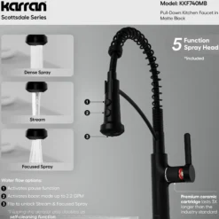 Karran Scottsdale 1.8 GPM Single Lever Lead-free Brass ADA Kitchen Faucet, Pull-Down, Matte Black, KKF740MB