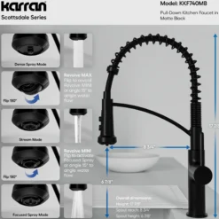 Karran Scottsdale 1.8 GPM Single Lever Lead-free Brass ADA Kitchen Faucet, Pull-Down, Matte Black, KKF740MB