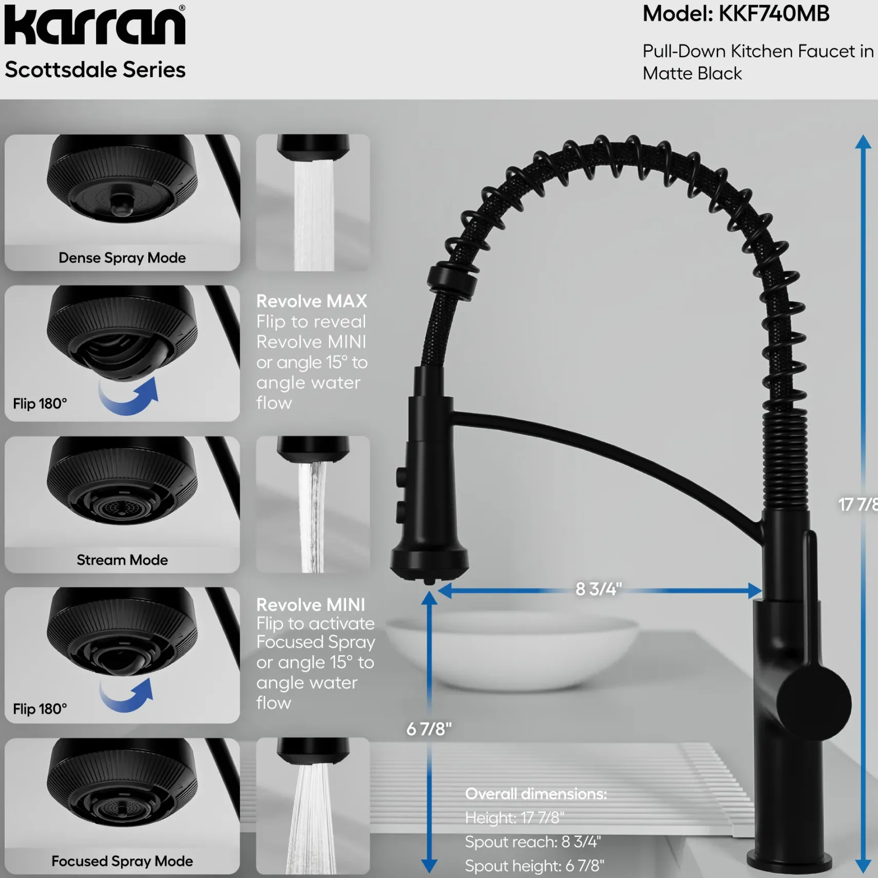 Karran Scottsdale 1.8 GPM Single Lever Lead-free Brass ADA Kitchen Faucet, Pull-Down, Matte Black, KKF740MB