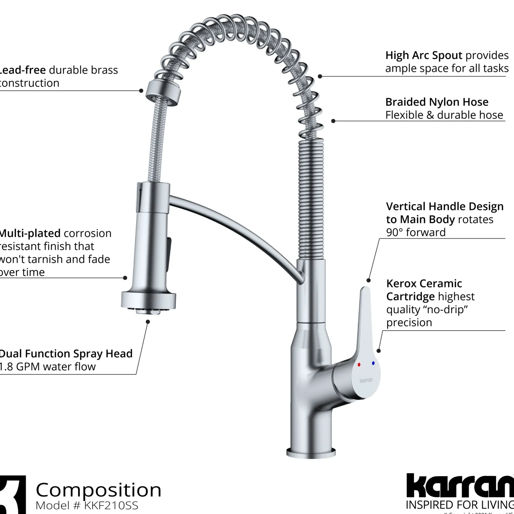 Karran Scottsdale 1.8 GPM Single Lever Handle Lead-free Brass ADA Kitchen Faucet, Pull-Down Kitchen, Stainless Steel, KKF210SD35SS