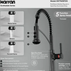 Karran Scottsdale 1.8 GPM Single Lever Lead-free Brass ADA Kitchen Faucet, Pull-Down, Spot-Free Gunmetal Grey, KKF740SFGG