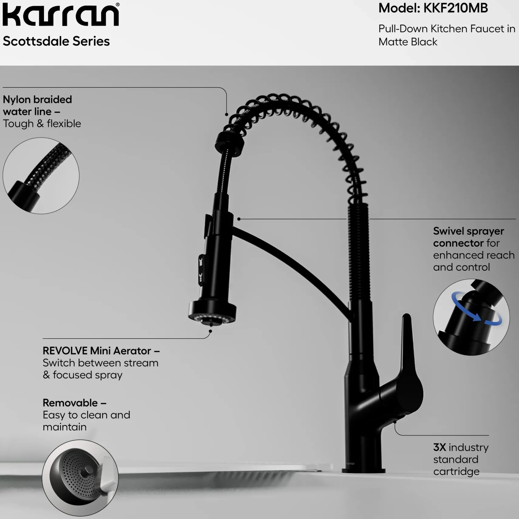 Karran Scottsdale Single Lever Handle Lead-free Brass ADA Kitchen Faucet, Pull Down, Matte Black, KKF210MB