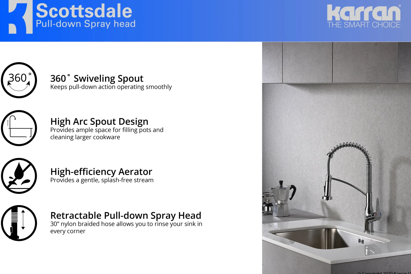 Karran Scottsdale Single Lever Handle Lead-free Brass ADA Kitchen Faucet, Pull Down, Chrome, KKF210C