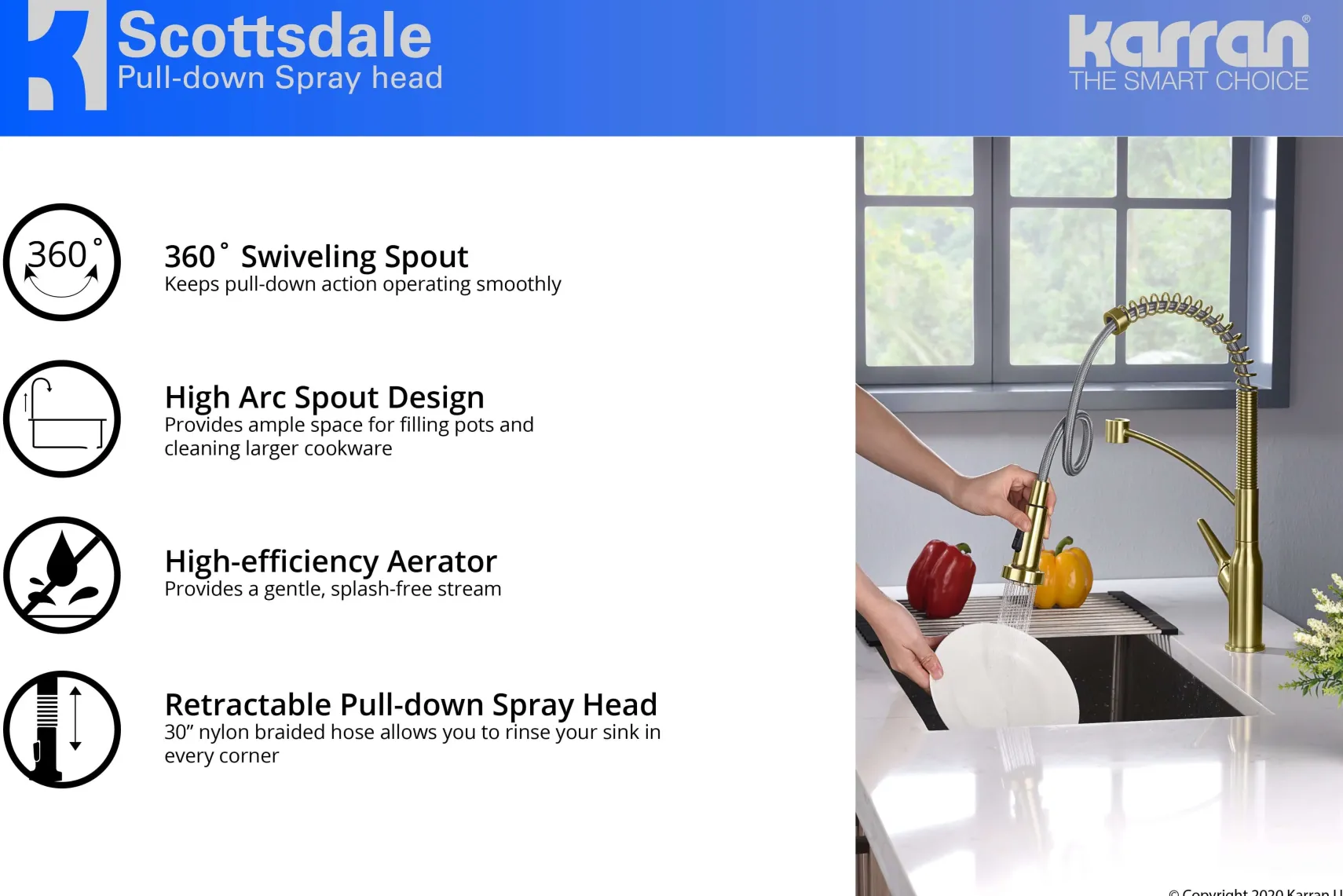 Karran Scottsdale Single Lever Handle Lead-free Brass ADA Kitchen Faucet, Pull Down, Brushed Gold, KKF210BG