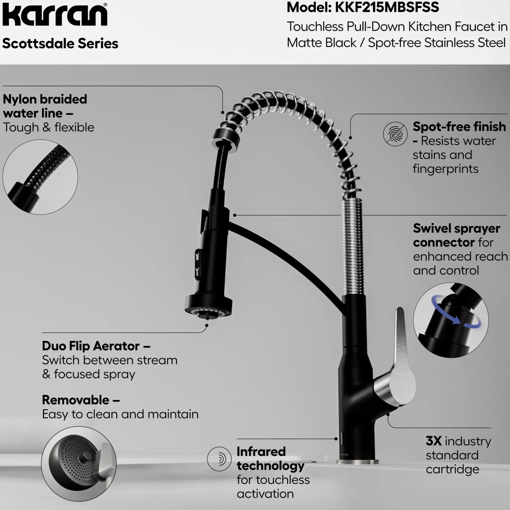 Karran Scottsdale Touchless Pull-Down Kitchen Faucet, Matte Black & Stainless Steel, Brass, KKF215MBSFSS