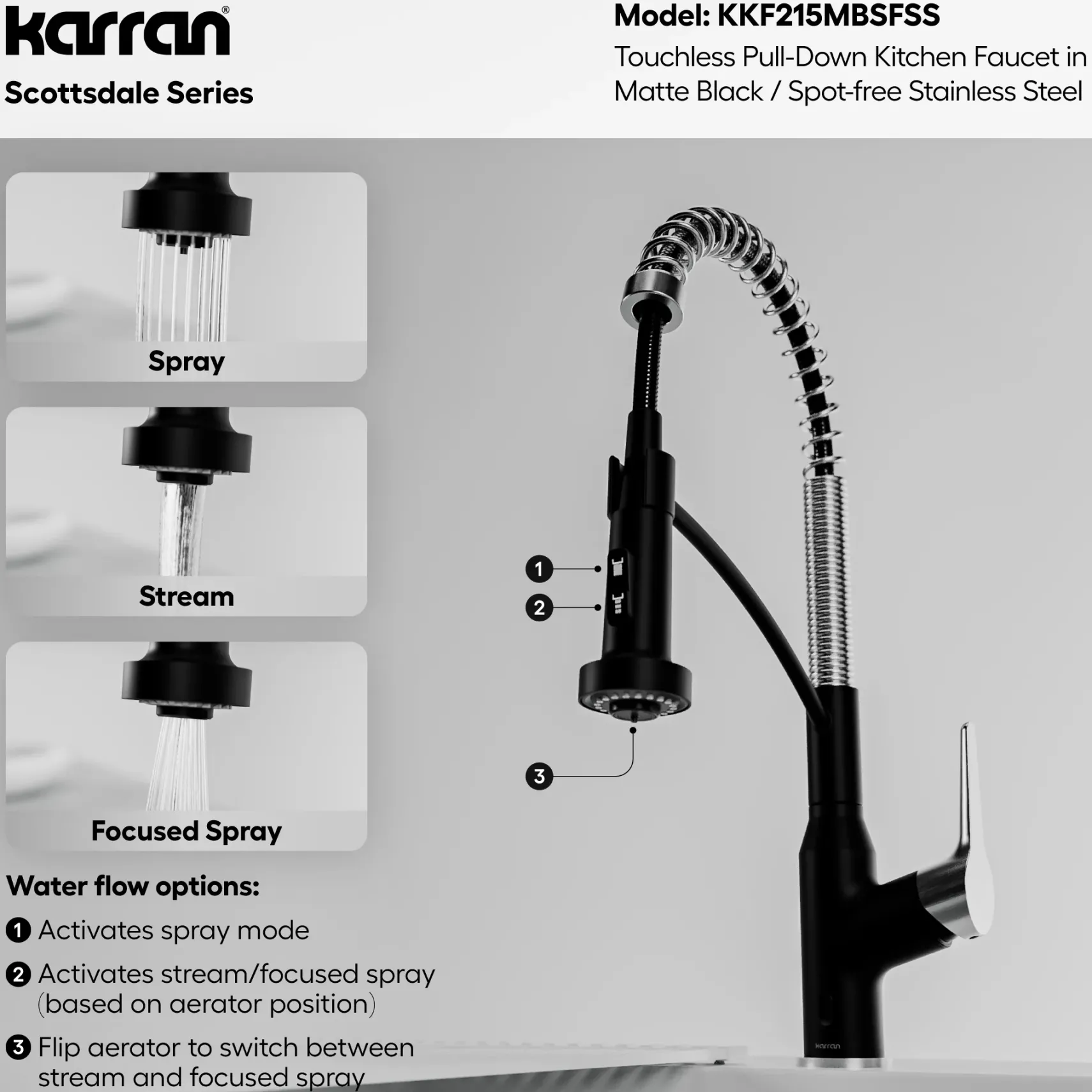 Karran Scottsdale Touchless Pull-Down Kitchen Faucet, Matte Black & Stainless Steel, Brass, KKF215MBSFSS
