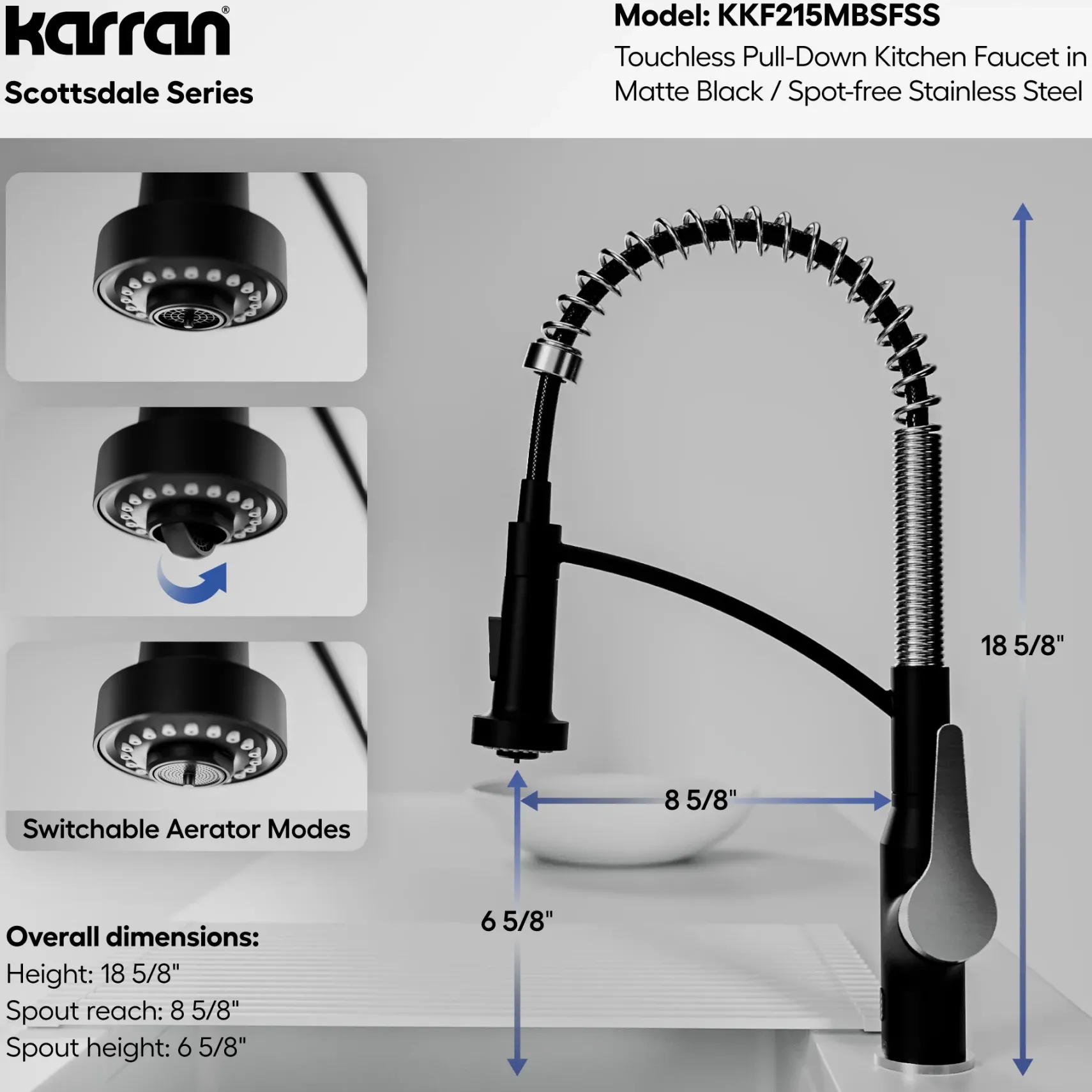 Karran Scottsdale Touchless Pull-Down Kitchen Faucet, Matte Black & Stainless Steel, Brass, KKF215MBSFSS