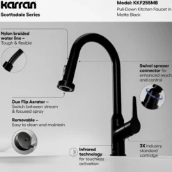 Karran Scottsdale Touchless Pull-Down Kitchen Faucet, Matte Black, Brass, KKF255MB