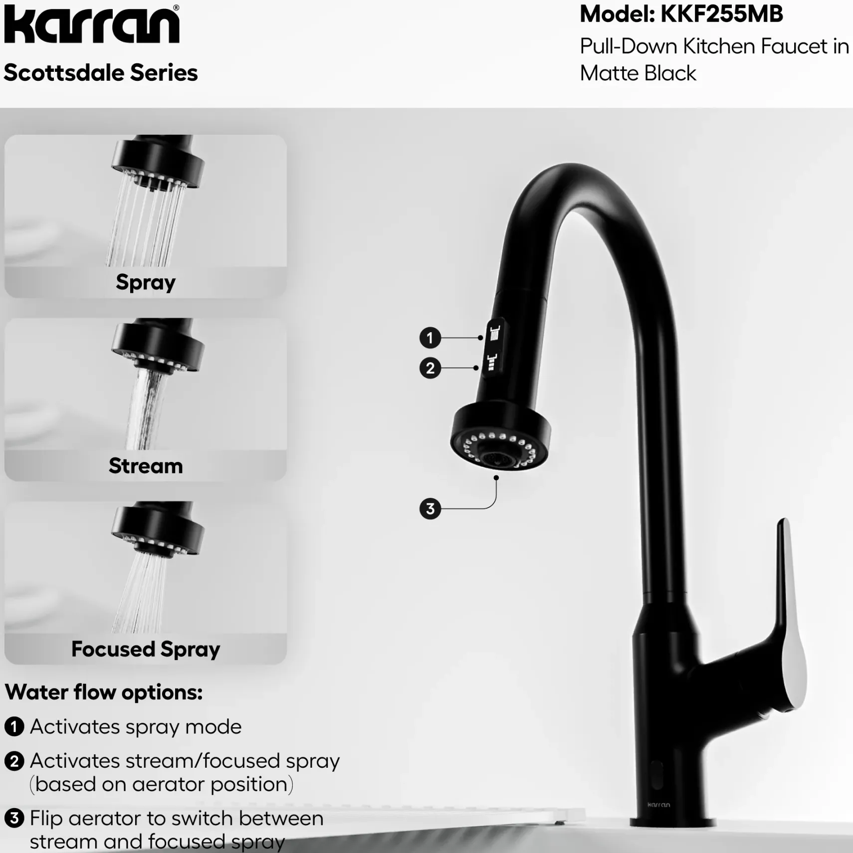 Karran Scottsdale Touchless Pull-Down Kitchen Faucet, Matte Black, Brass, KKF255MB