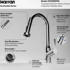 Karran Scottsdale Touchless Pull-Down Kitchen Faucet, Spot Free Stainless Steel, Brass, KKF255SFSS