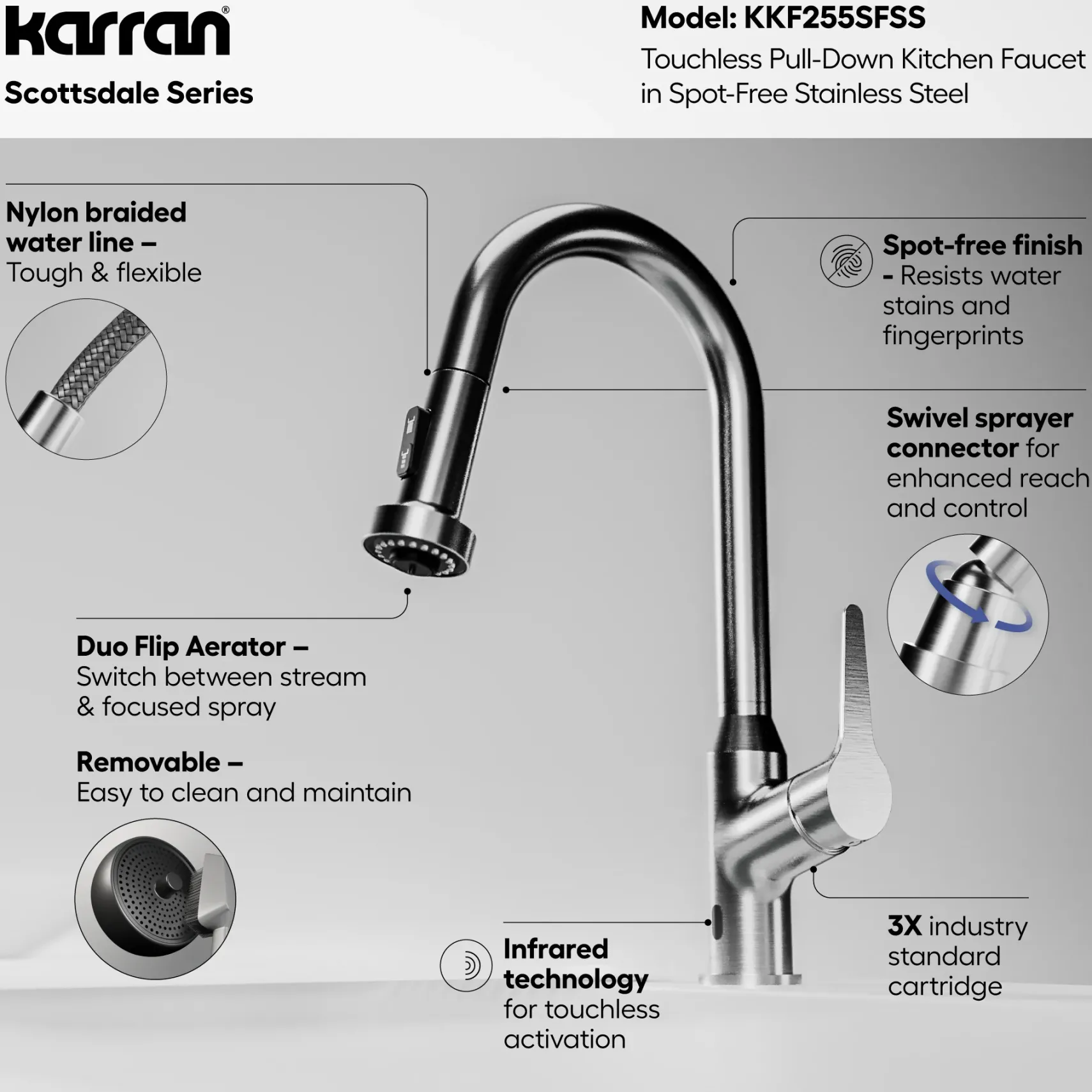 Karran Scottsdale Touchless Pull-Down Kitchen Faucet, Spot Free Stainless Steel, Brass, KKF255SFSS