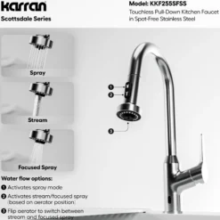 Karran Scottsdale Touchless Pull-Down Kitchen Faucet, Spot Free Stainless Steel, Brass, KKF255SFSS