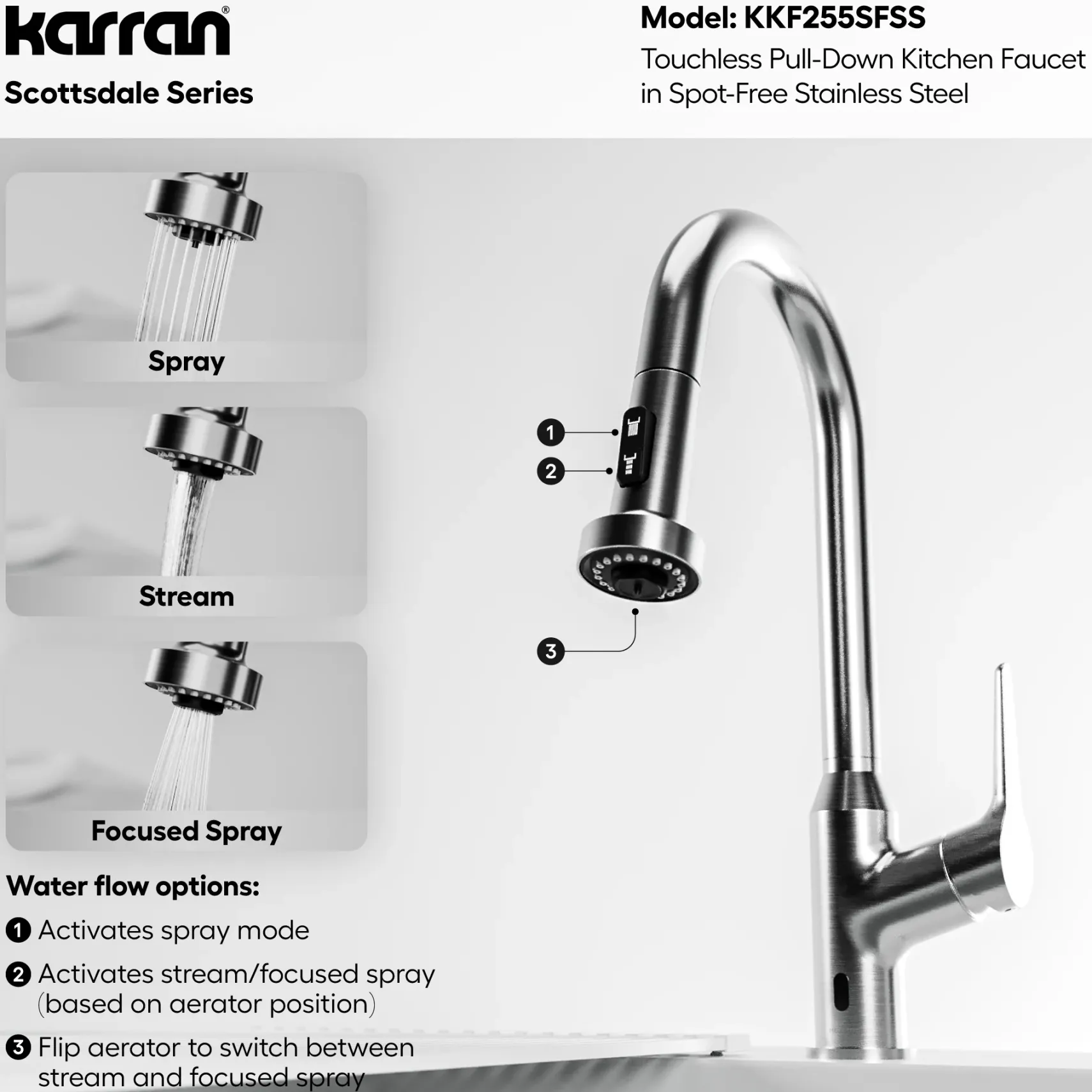 Karran Scottsdale Touchless Pull-Down Kitchen Faucet, Spot Free Stainless Steel, Brass, KKF255SFSS