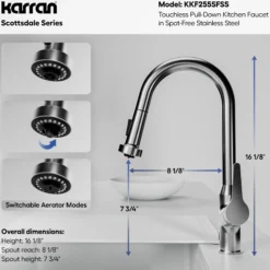 Karran Scottsdale Touchless Pull-Down Kitchen Faucet, Spot Free Stainless Steel, Brass, KKF255SFSS