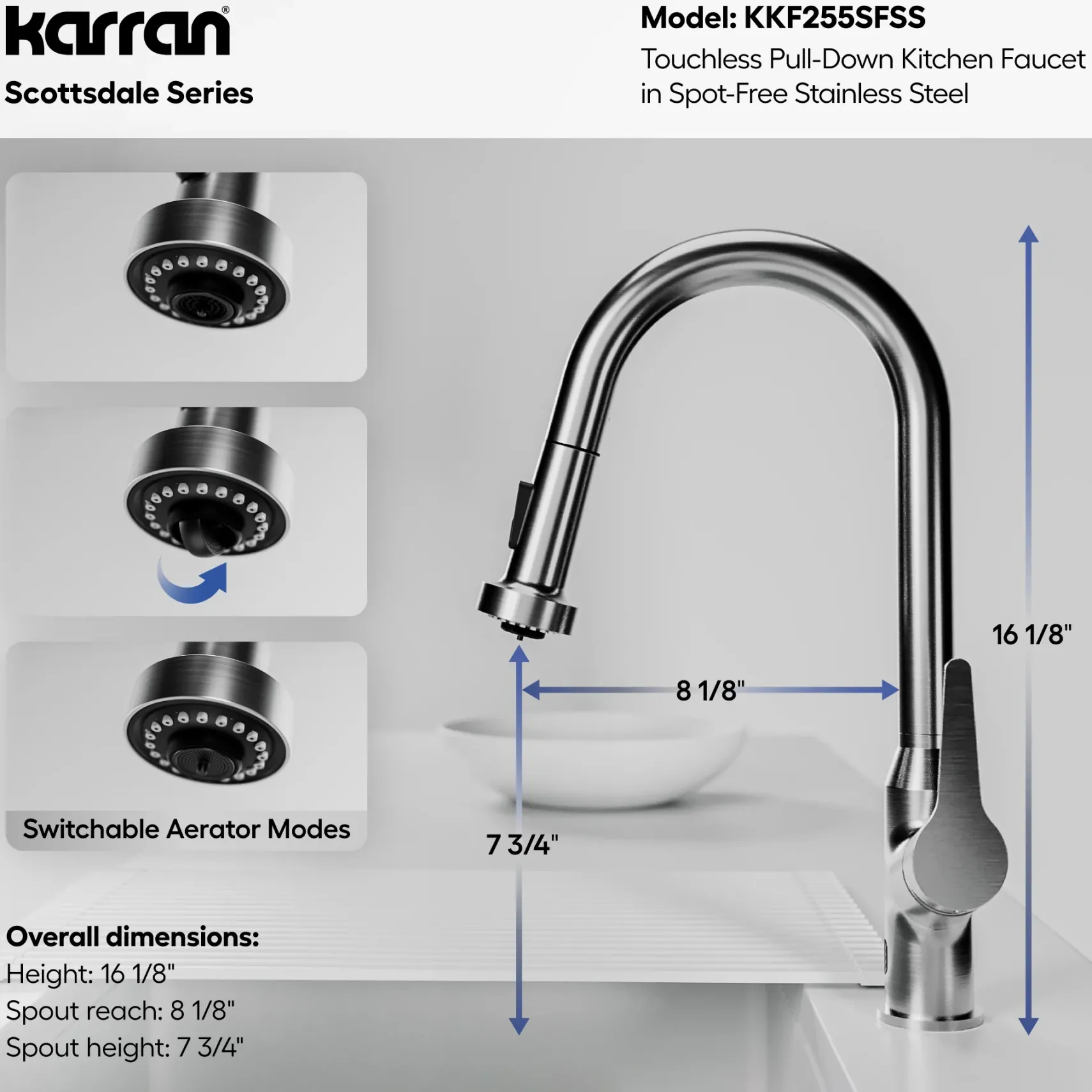 Karran Scottsdale Touchless Pull-Down Kitchen Faucet, Spot Free Stainless Steel, Brass, KKF255SFSS