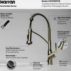 Karran Scottsdale Touchless Pull-Down Kitchen Faucet, Spot-Free Champagne Bronze, Brass, KKF215SFCB
