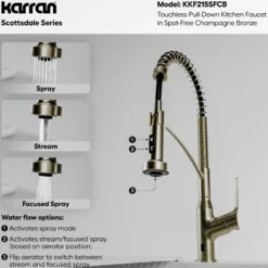 Karran Scottsdale Touchless Pull-Down Kitchen Faucet, Spot-Free Champagne Bronze, Brass, KKF215SFCB