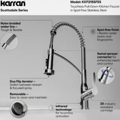 Karran Scottsdale Touchless Pull-Down Kitchen Faucet, Spot Free Stainless Steel, Brass, KKF215SFSS