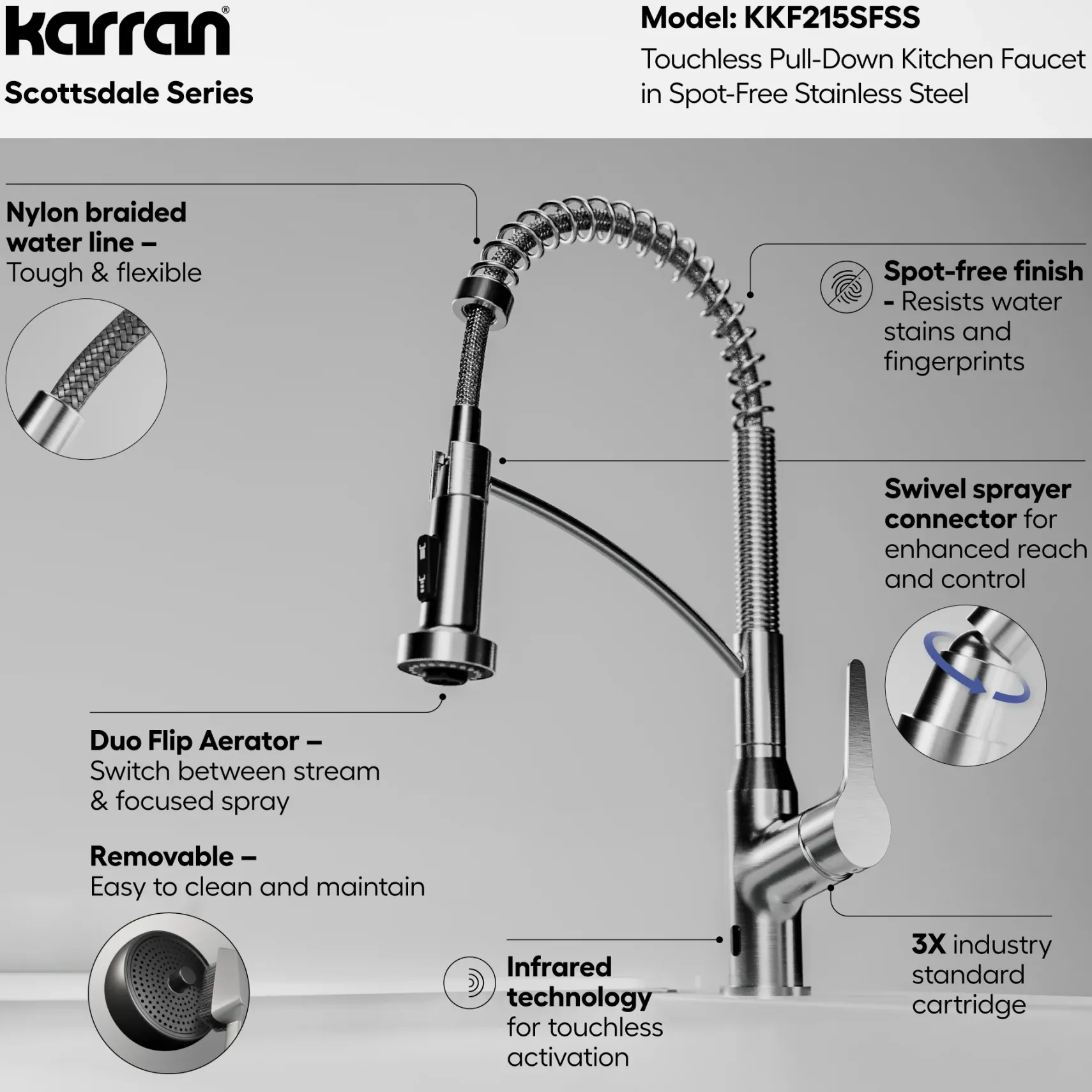 Karran Scottsdale Touchless Pull-Down Kitchen Faucet, Spot Free Stainless Steel, Brass, KKF215SFSS