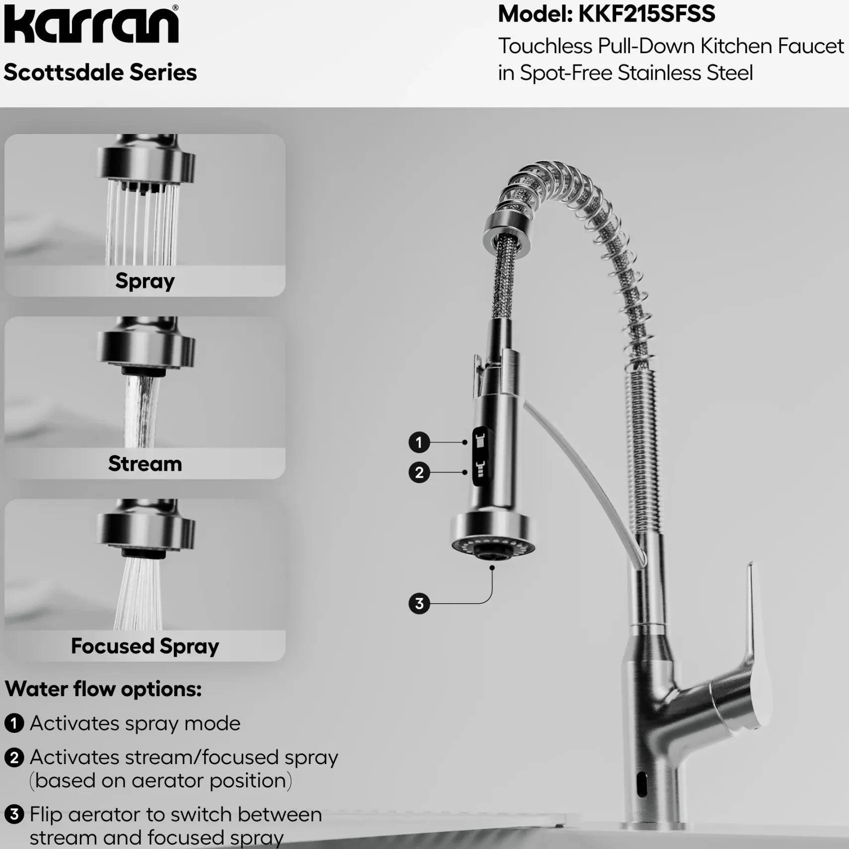Karran Scottsdale Touchless Pull-Down Kitchen Faucet, Spot Free Stainless Steel, Brass, KKF215SFSS