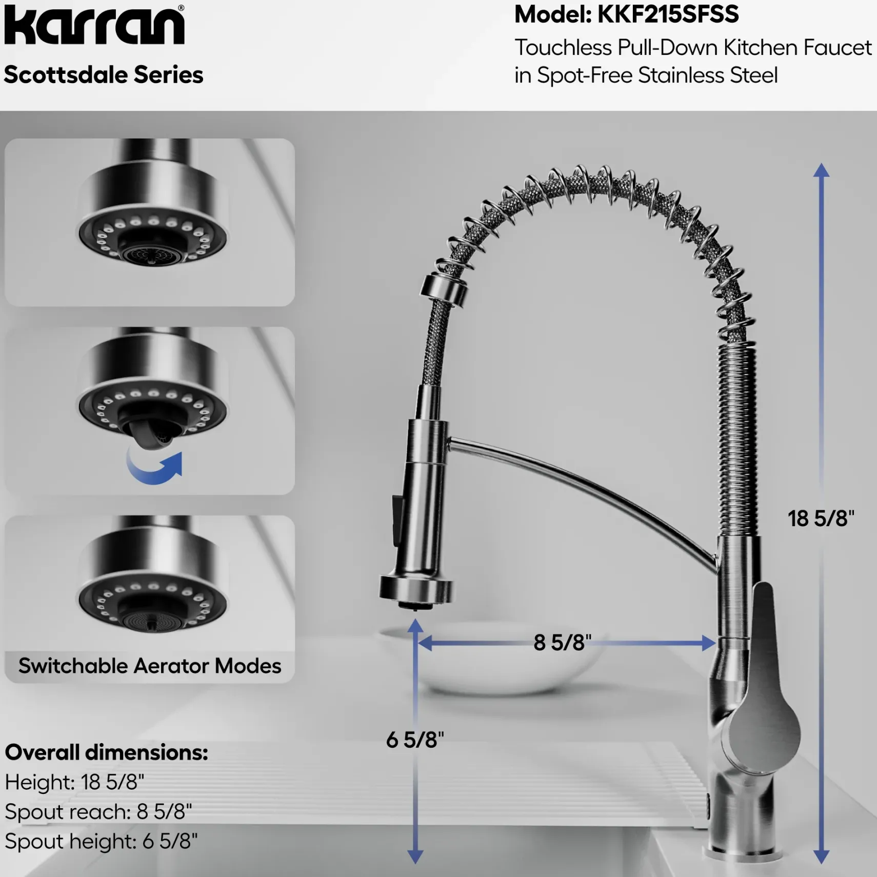 Karran Scottsdale Touchless Pull-Down Kitchen Faucet, Spot Free Stainless Steel, Brass, KKF215SFSS
