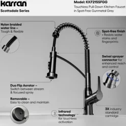 Karran Scottsdale Touchless Pull-Down Kitchen Faucet, Spot-Free Gunmetal Grey, Brass, KKF215SFGG