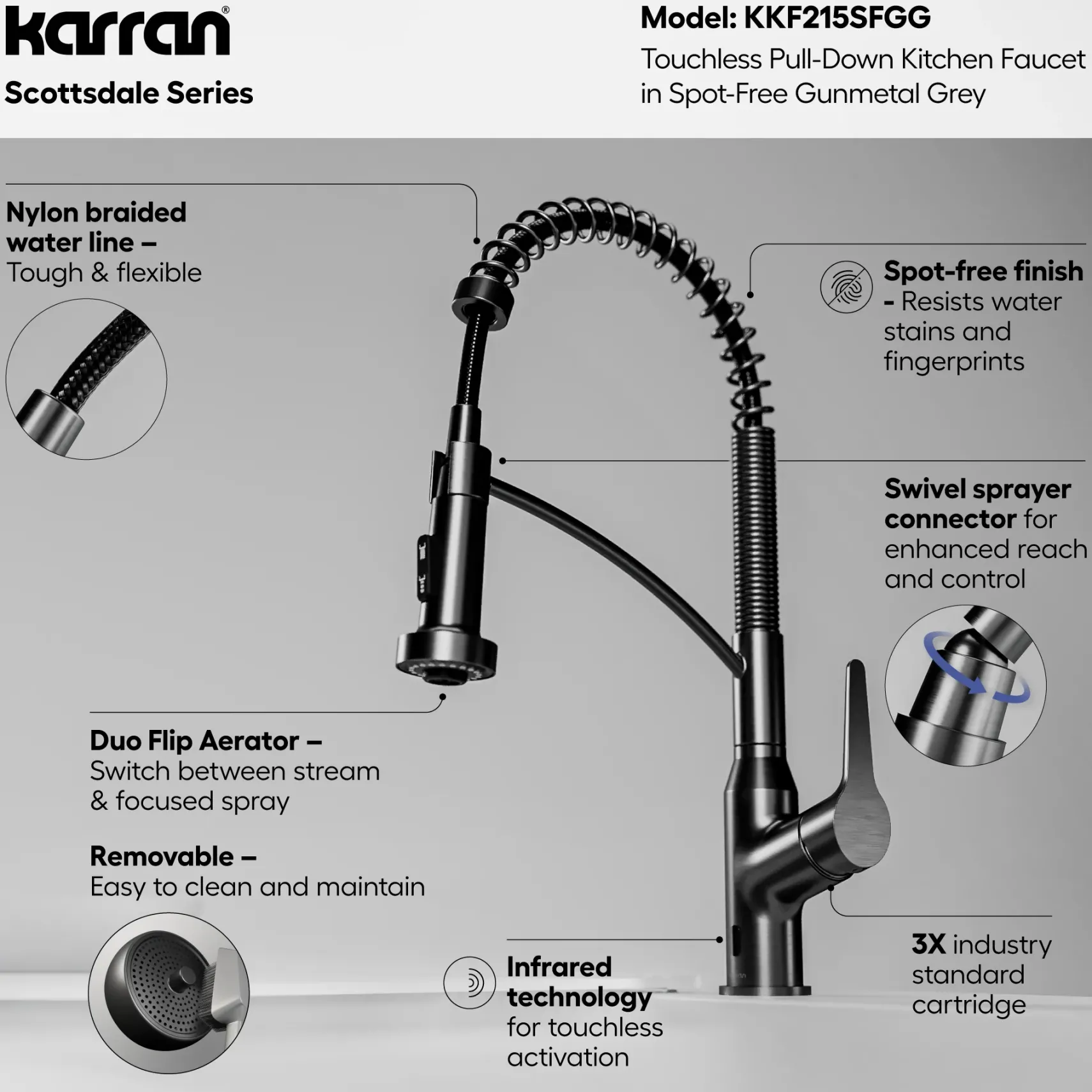 Karran Scottsdale Touchless Pull-Down Kitchen Faucet, Spot-Free Gunmetal Grey, Brass, KKF215SFGG