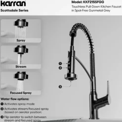 Karran Scottsdale Touchless Pull-Down Kitchen Faucet, Spot-Free Gunmetal Grey, Brass, KKF215SFGG