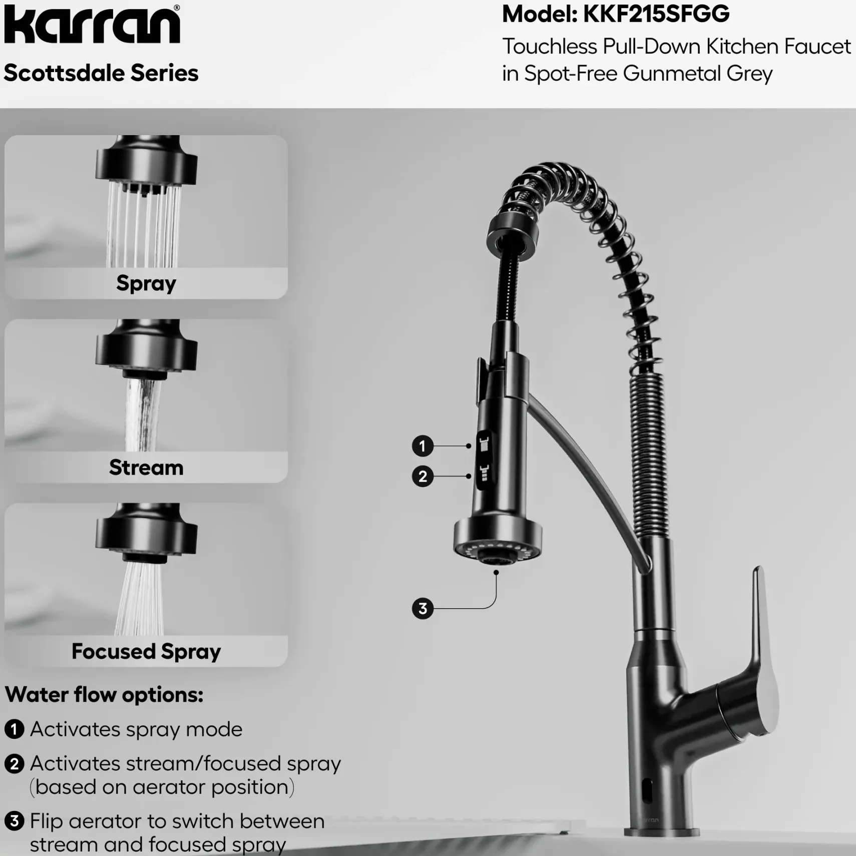 Karran Scottsdale Touchless Pull-Down Kitchen Faucet, Spot-Free Gunmetal Grey, Brass, KKF215SFGG