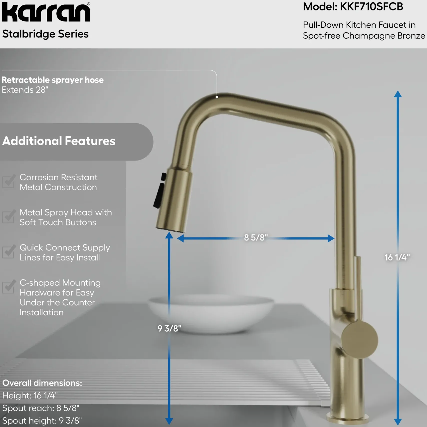 Karran Stalbridge 1.8 GPM Single Lever Lead-free Brass ADA Kitchen Faucet, Pull-Down, Spot-Free Champagne Bronze, KKF710SFCB