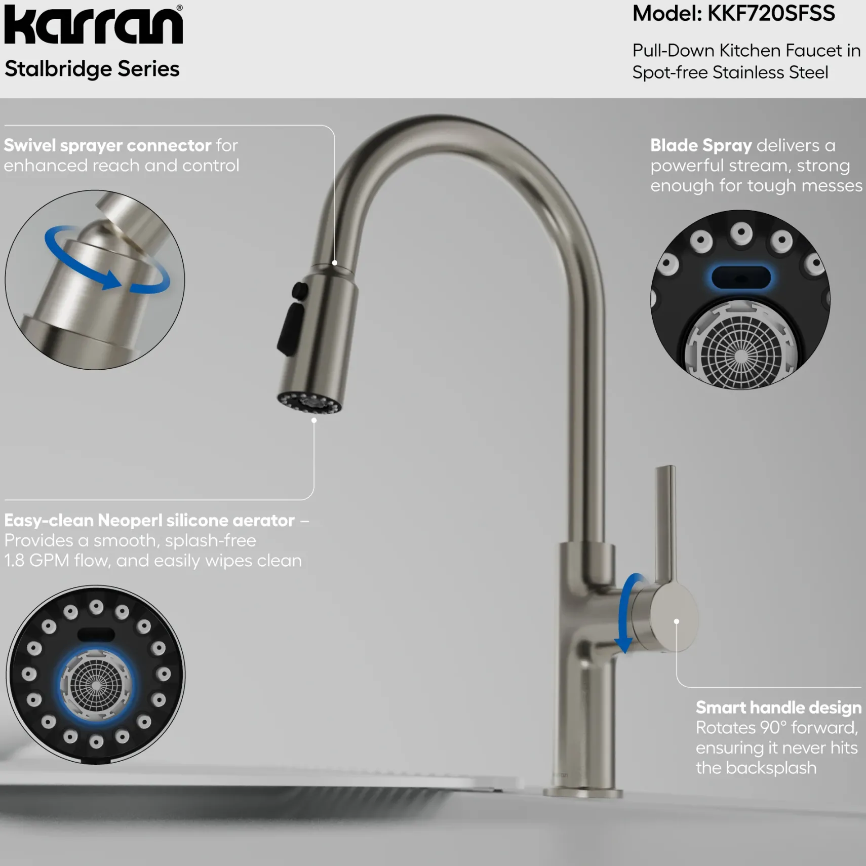 Karran Stalbridge 1.8 GPM Single Lever Lead-free Brass ADA Kitchen Faucet, Pull-Down, Spot Free Stainless Steel, KKF720SFSS