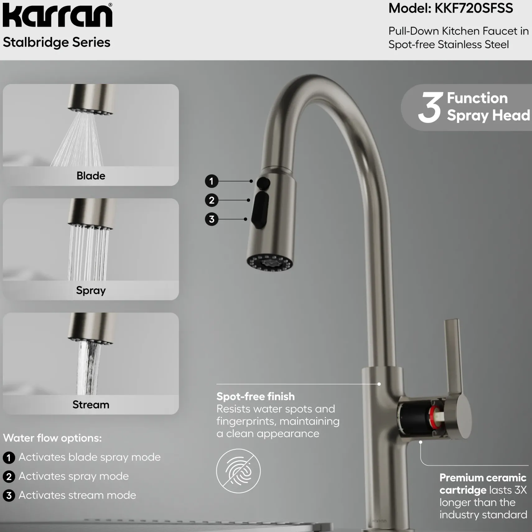 Karran Stalbridge 1.8 GPM Single Lever Lead-free Brass ADA Kitchen Faucet, Pull-Down, Spot Free Stainless Steel, KKF720SFSS