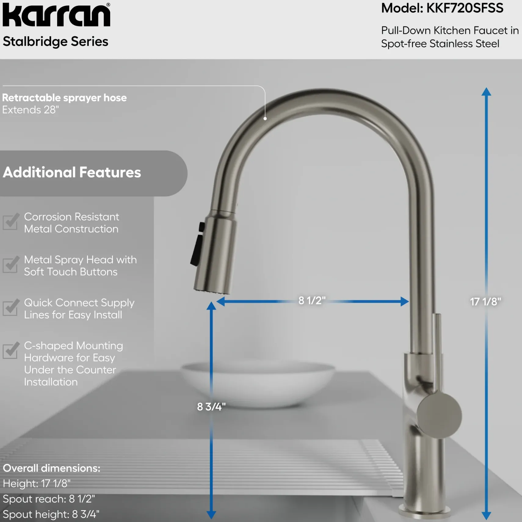 Karran Stalbridge 1.8 GPM Single Lever Lead-free Brass ADA Kitchen Faucet, Pull-Down, Spot Free Stainless Steel, KKF720SFSS